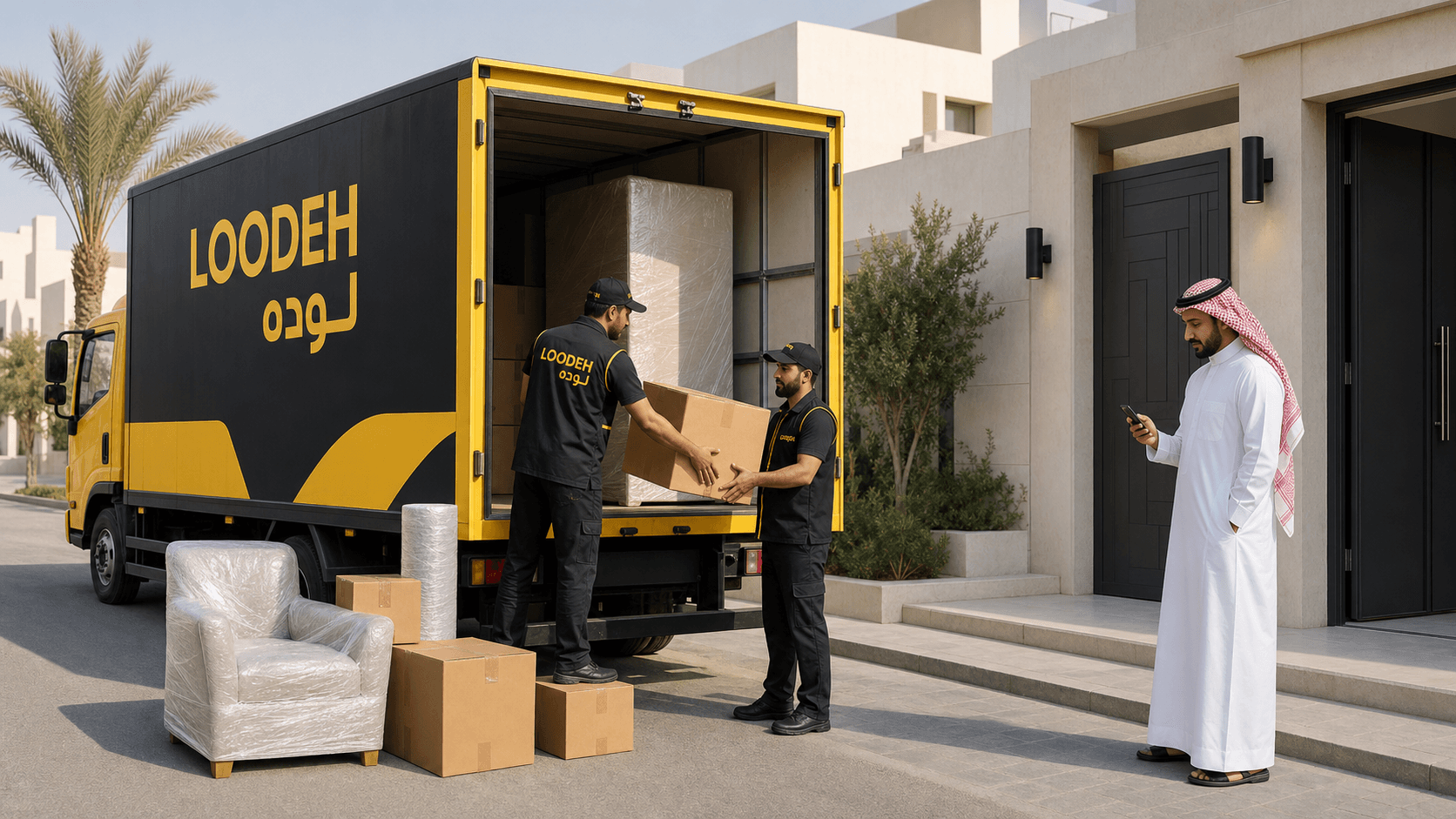 LOODEH branded moving truck outside a Saudi home